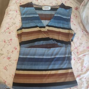 A. Byer Women's V-Neck Striped Tank Top - Blue and Brown